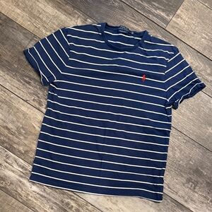 Polo by Ralph Lauren Navy and White Striped Tee with Red Pony